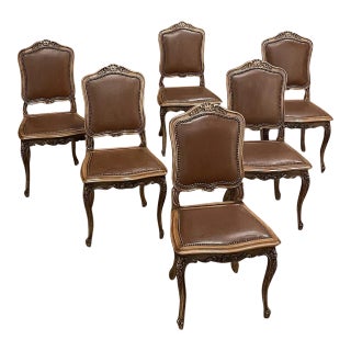 Set of Six Antique French Louis XIV Walnut Dining Chairs For Sale