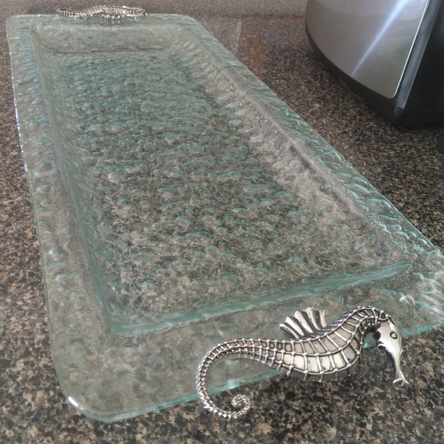 Glass Vintage Arthur Court Bubbled Glass Serving Tray With Seahorse Handles For Sale - Image 7 of 9