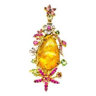 Bochic "Orient" Vintage Amber, Ruby & Emerald Brooch Set In 18K Gold & Silver For Sale