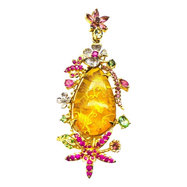 Bochic "Orient" Vintage Amber, Ruby & Emerald Brooch Set In 18K Gold & Silver For Sale