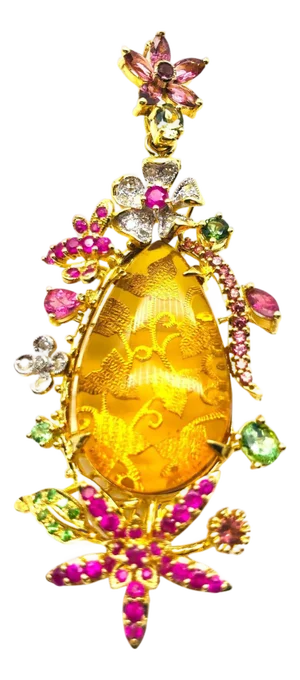 Bochic "Orient" Vintage Amber, Ruby & Emerald Brooch Set In 18K Gold & Silver
