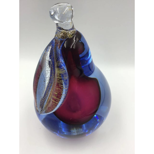 A fabulous vintage Alfredo Barbini Murano glass pear sommerso paperweight in an elegant purple and blue with gold flecks...