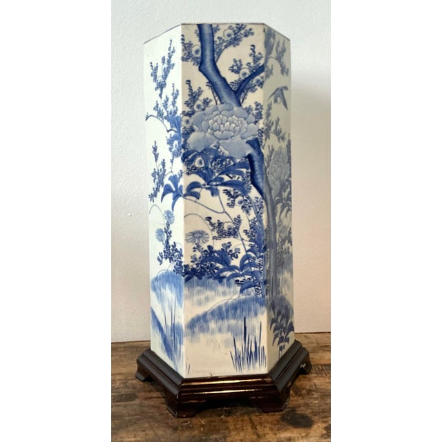 Vintage Asian Blossom Blue and White Umbrella Stand For Sale - Image 9 of 12