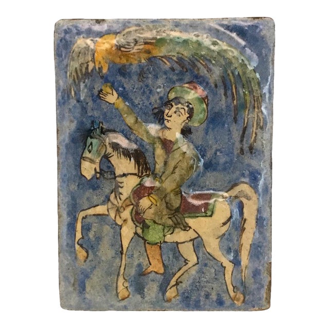 Antique 19th-Century Persian Qajar Dynasty Ceramic Tile – Equestrian With Bird of Prey For Sale