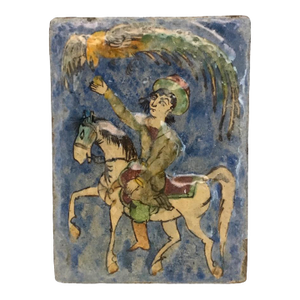 Antique 19th-Century Persian Qajar Dynasty Ceramic Tile – Equestrian With Bird of Prey