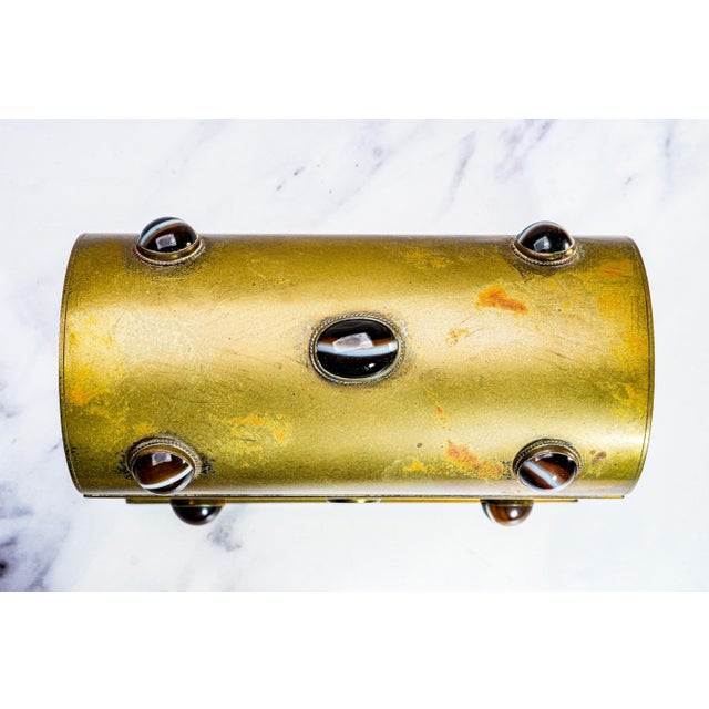 Stunning Victorian Aesthetic Movement Antique Brass Agate Stone Domed Desk Stationary Box Casket For Sale - Image 4 of 17