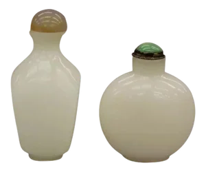Chinese Art Deco White Peking Glass Snuff Bottles with Jade Stoppers - a Pair