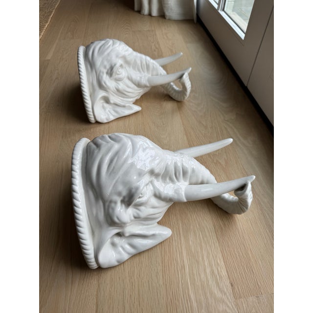 Ceramic Vintage Italian White Glazed Elephant Head Wall Shelves / Brackets, Pair For Sale - Image 7 of 12