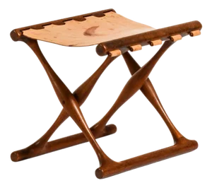 Folding Stool in Teak and Original Natural Leather attributed to Poul Hundevad, 1950s