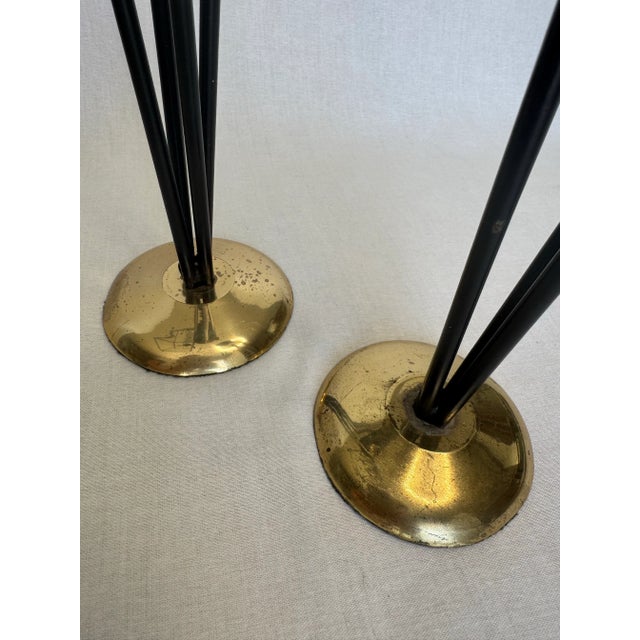 A Pair of MId Century Modern Black Metal and Brass Candlesticks For Sale - Image 4 of 10