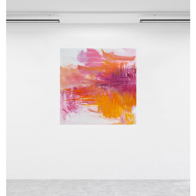 “Sunset” is a contemporary abstract painting that unfolds through warm layers of coral, pink, magenta, orange, and amber...