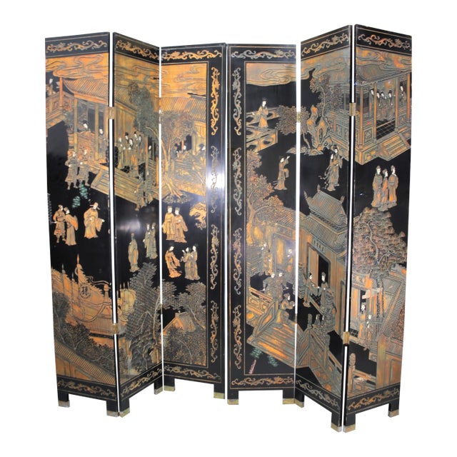 Vintage Six-Paneled Double-Sided Japanese Room Divider Screen For Sale
