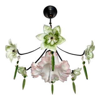 Vintage Murano Style Chandelier – Rare Pink & Green Art Glass For Sale