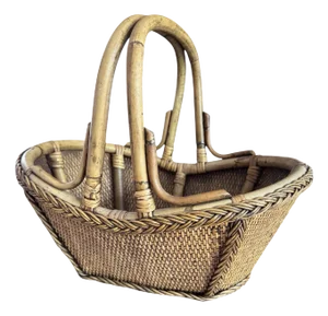 Mid 20th Century Hand-Woven Rattan and Reed Basket With Handle and Braided Border