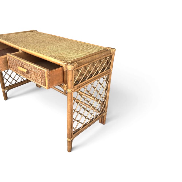 1970s Coastal Rattan Vanity and Writing Desk With Two Storage Drawers For Sale - Image 4 of 11