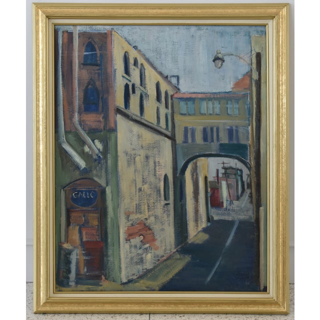 Vintage oil on canvas painting depicting a European village or town with a street and buildings. Unsigned. Displayed in a...