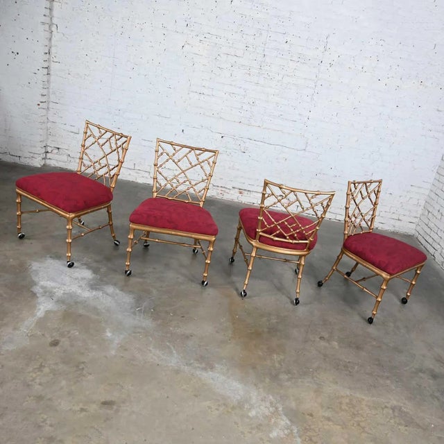 Chinoiserie Faux Bamboo Gold Painted Metal Chairs Rolling Style of Phyllis Morris Set of 4 For Sale - Image 11 of 13