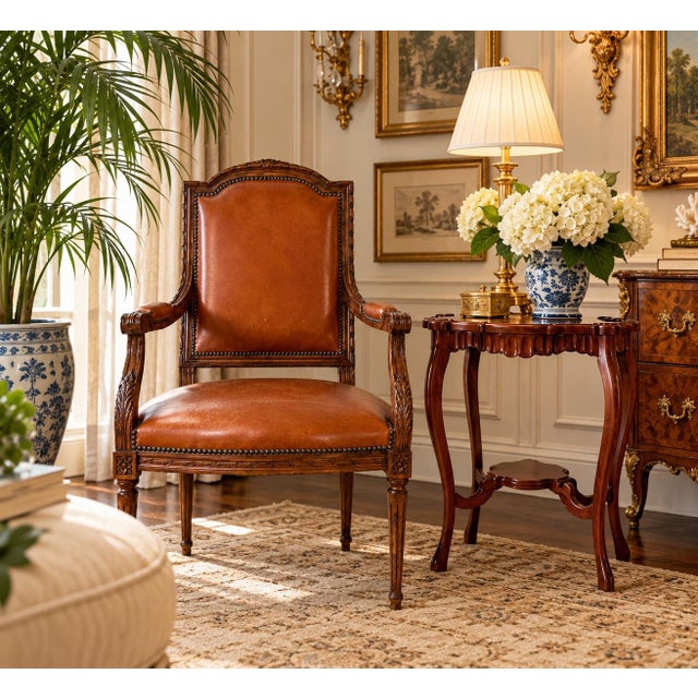 Elegant vintage Louis XVI-style armchair, made in Spain, featuring a finely carved wood frame with fluted legs, carved...