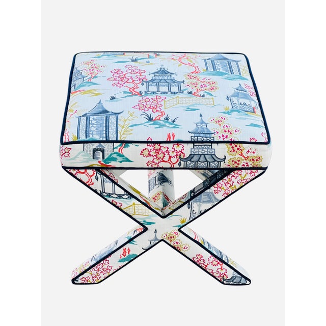 Wood Pair Custom Chinoiserie X Benches For Sale - Image 7 of 8