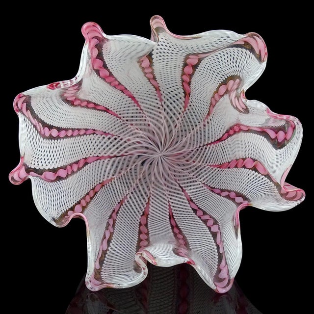 Pink Murano Vintage Pink Aventurine Flecks White Zanfirico Ribbons Italian Art Glass Fazzoletto Handkerchief Vase For Sale - Image 8 of 10