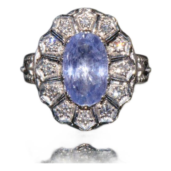 Gia Certified Natural 4cts vs F Diamond No Heat Violet Sapphire 18k Gold Art Deco Etruscan Halo Ring, Size 5.5 For Sale