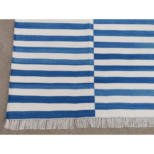 Handmade Cotton Striped Rug, Up Down Stripe Blue and White - 11'x11' For Sale - Image 10 of 10