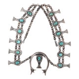 27" C1960's Native American Cast Silver and Turquoise Squash Blossom Necklace For Sale