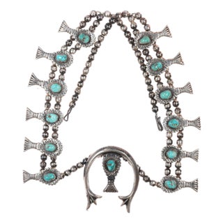 27" C1960's Native American Cast Silver and Turquoise Squash Blossom Necklace For Sale