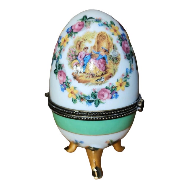 Mid Century Handpainted Limoges Egg Shaped Trinket Box For Sale