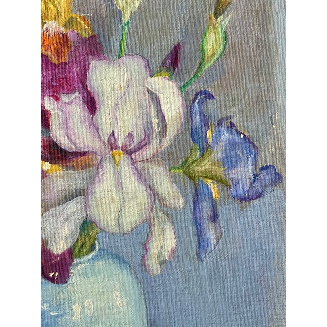 Art Deco Early 20th Century Oil Painting Colorful Still Life of Irises in a Blue Vase For Sale - Image 3 of 15