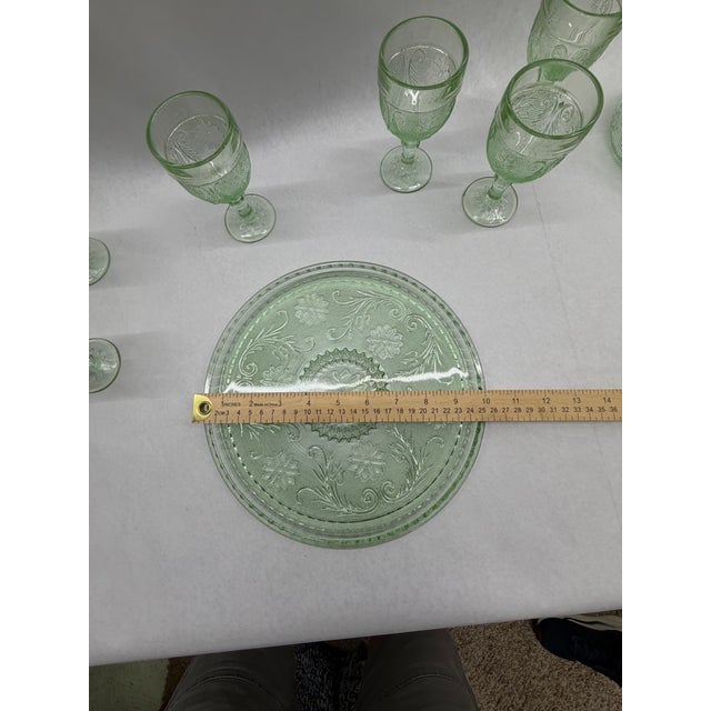 Vintage Vaseline / Uranium Green Pressed Glass Decanter and Cordial Set With Tray - 8 pcs For Sale - Image 11 of 11