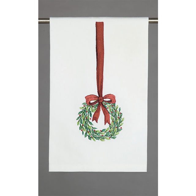 Traditional Christmas Wreath Bow Embroidered Kitchen Towel For Sale - Image 3 of 3