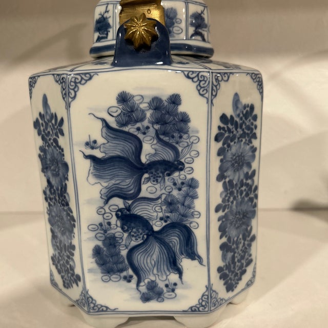 Vintage Blue and White Porcelain Teapot With Solid Brass Handle Hand Painted Thailand For Sale - Image 9 of 12