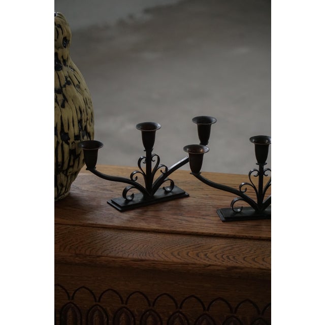 Early 20th Century Art Deco Danish Metal Three-Arm Candelabra, 1930s, Set of 2 For Sale - Image 14 of 18