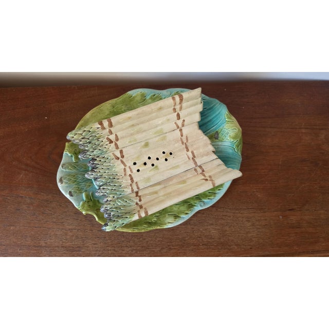 Antique Majolica Asparagus Server Set, Ceramic Drainer & Platter, French Country Kitchen, Green Glaze Serving Dish For Sale - Image 9 of 11
