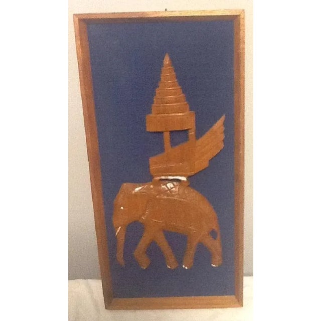 Mid-Century Modern Asian Framed Elephant Teak Wood Carvings on Fabric Background - A Pair For Sale - Image 3 of 4