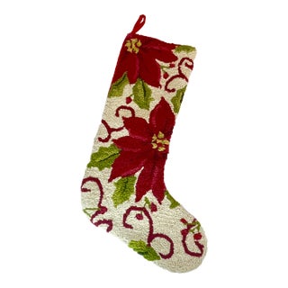 Vintage Americana Boho Chic Needlepoint Christmas Stocking - Poinsettia. For Sale