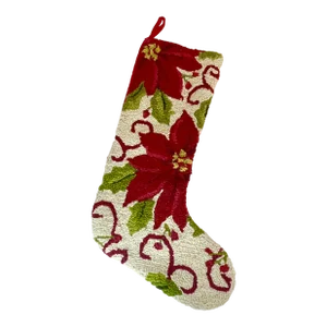 Vintage Americana Boho Chic Needlepoint Christmas Stocking - Poinsettia