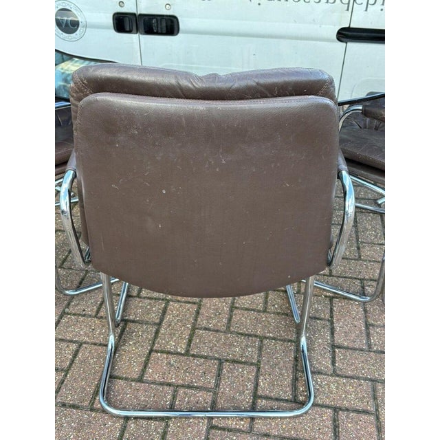 Chrome Table & Brown Leather & Chrome Pieff Chairs by Richard Young for Merrow, Set of 7 For Sale - Image 16 of 18