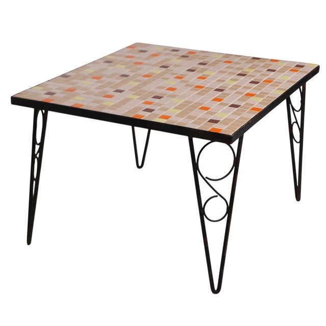 Brown Mid Century Mosaic Tile Top Wrought Iron Base Table C. 1950/60's For Sale - Image 8 of 11