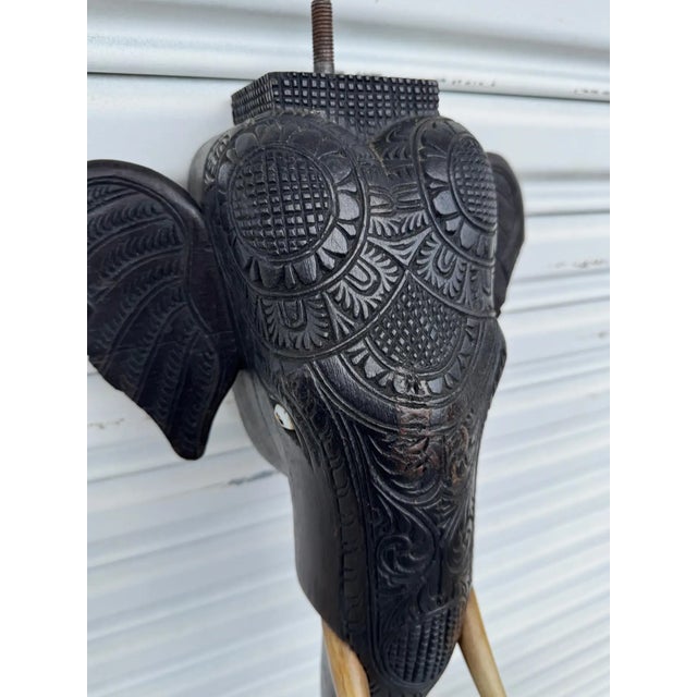 Brown Late 20th Century Handcrafted Dark Wood Elephant With Resin Tusk Sculpture For Sale - Image 8 of 9