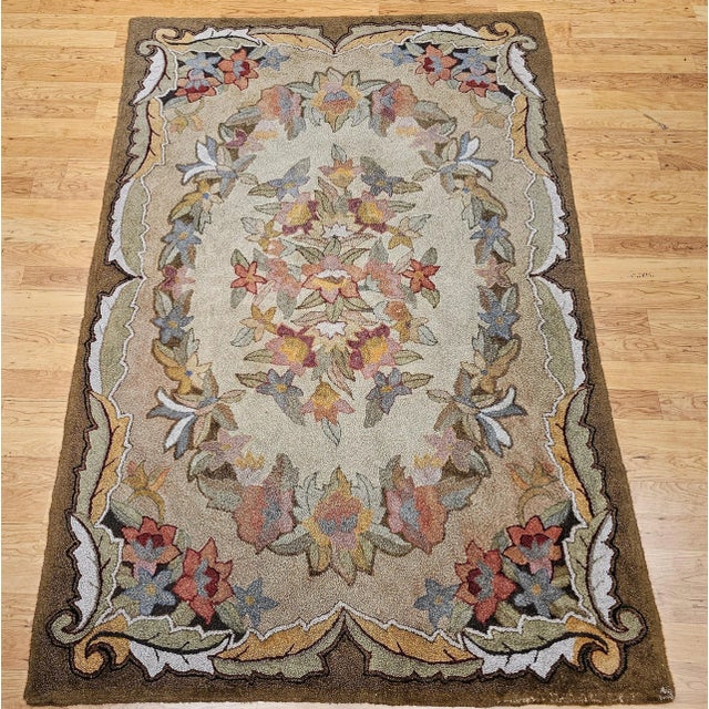 Early 20th Century Vintage American Hand Hooked Rug, Floral Pattern in Fall Colors, Folk Art Rug, 6’ X 9’ For Sale - Image 5 of 12