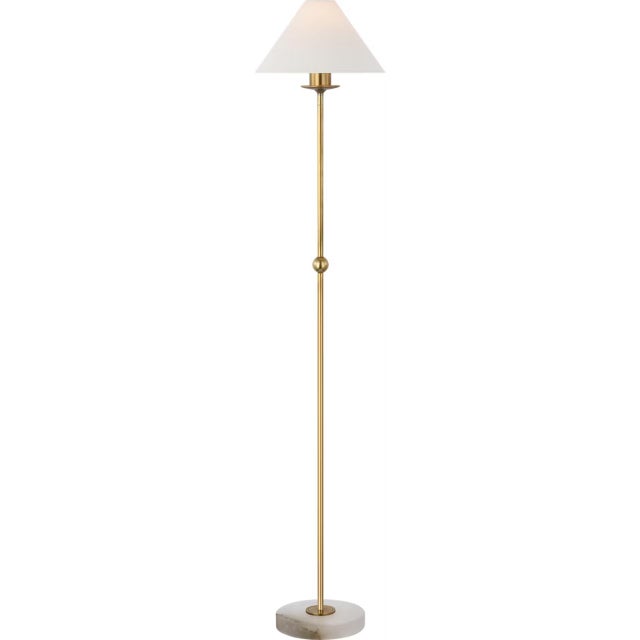 Traditional Chapman & Myers by Visual Comfort Signature Caspian Medium Floor Lamp in Antique-Burnished Brass and Alabaster with Linen Shade For Sale - Image 3 of 3