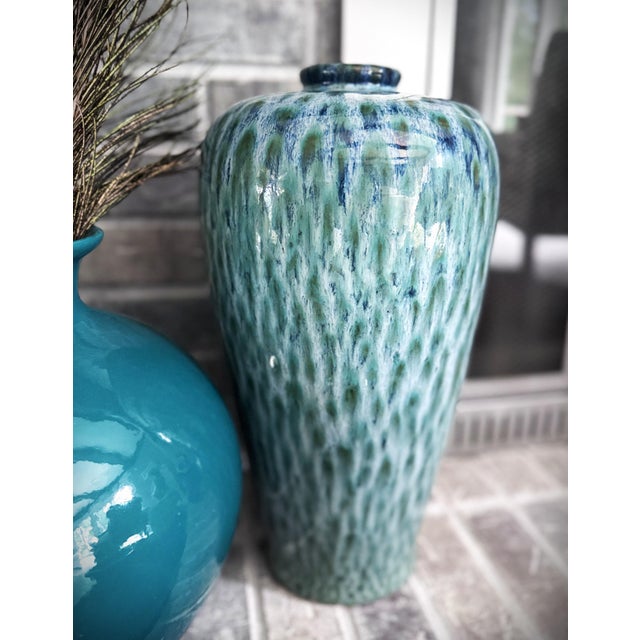 Modern Late 20th Century Peacock Feather Blue & Green Drip Glazed Pottery Vase For Sale - Image 3 of 12