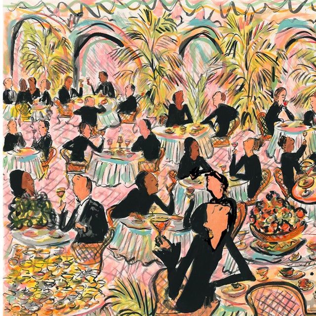 Contemporary Dining With Pink and Blue Palms Original Contemporary Figurative Print by Pauline De Roussy De Sales For Sale - Image 3 of 3