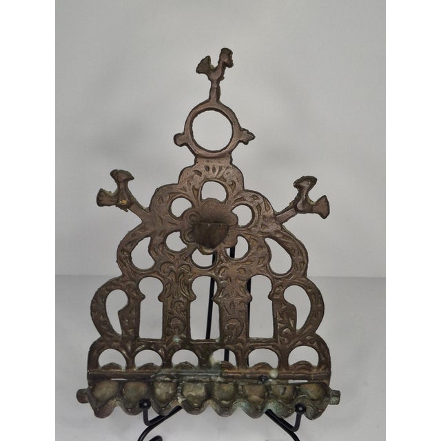 Antique Moroccan Jewish Hanukkah Menorah Lamp | 19th C North African Cast Brass For Sale - Image 4 of 11