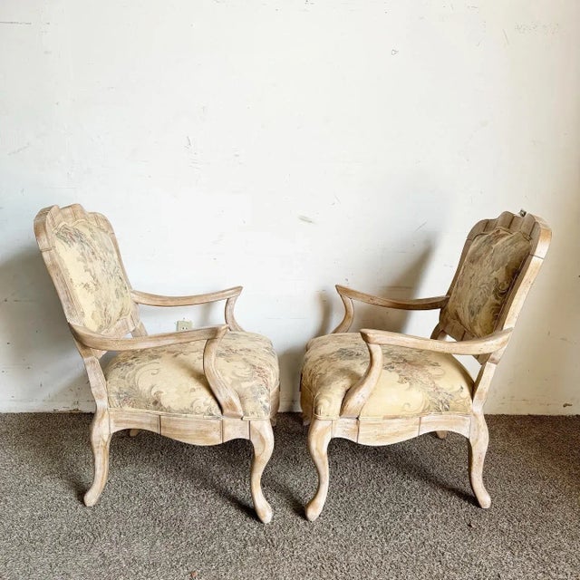 1980s French Provincial White Washed Floral Print Lounge Chairs by Century Furniture For Sale - Image 5 of 8