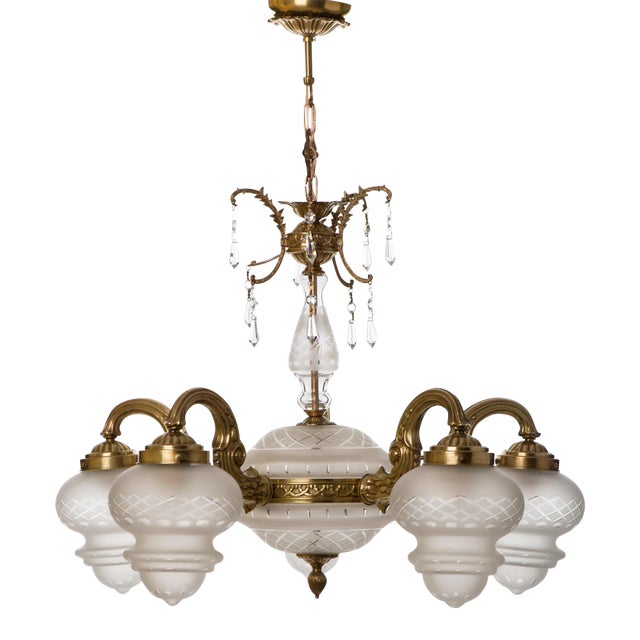 1950s Large Brass 5 Branch 7-Light Chandelier With Center Shade and Frosted Cut Glass Shades For Sale