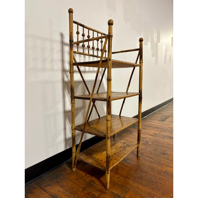 Antique English Scorched or Burnt Bamboo Etagere / Bookcase Shelving For Sale - Image 9 of 9
