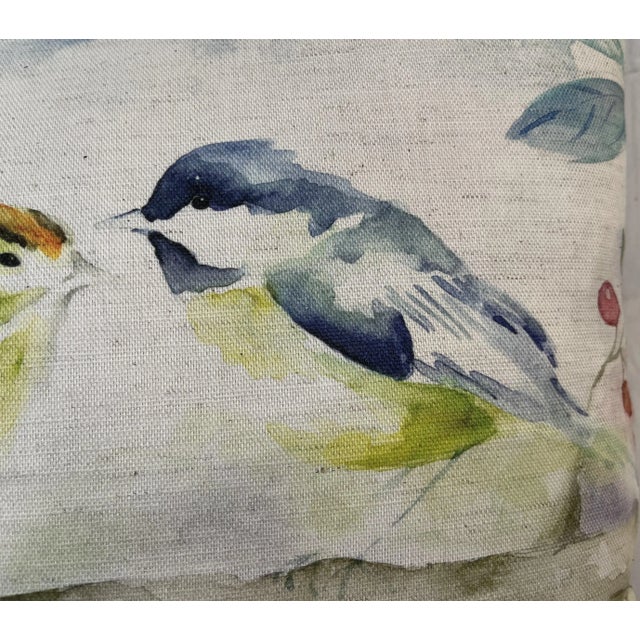 Figurative 16" Square Decorative Toss Pillow Embellished With a Pair of Colorful Birds Perched on a Tree Limb With Red Berries - Made in the U K For Sale - Image 3 of 11